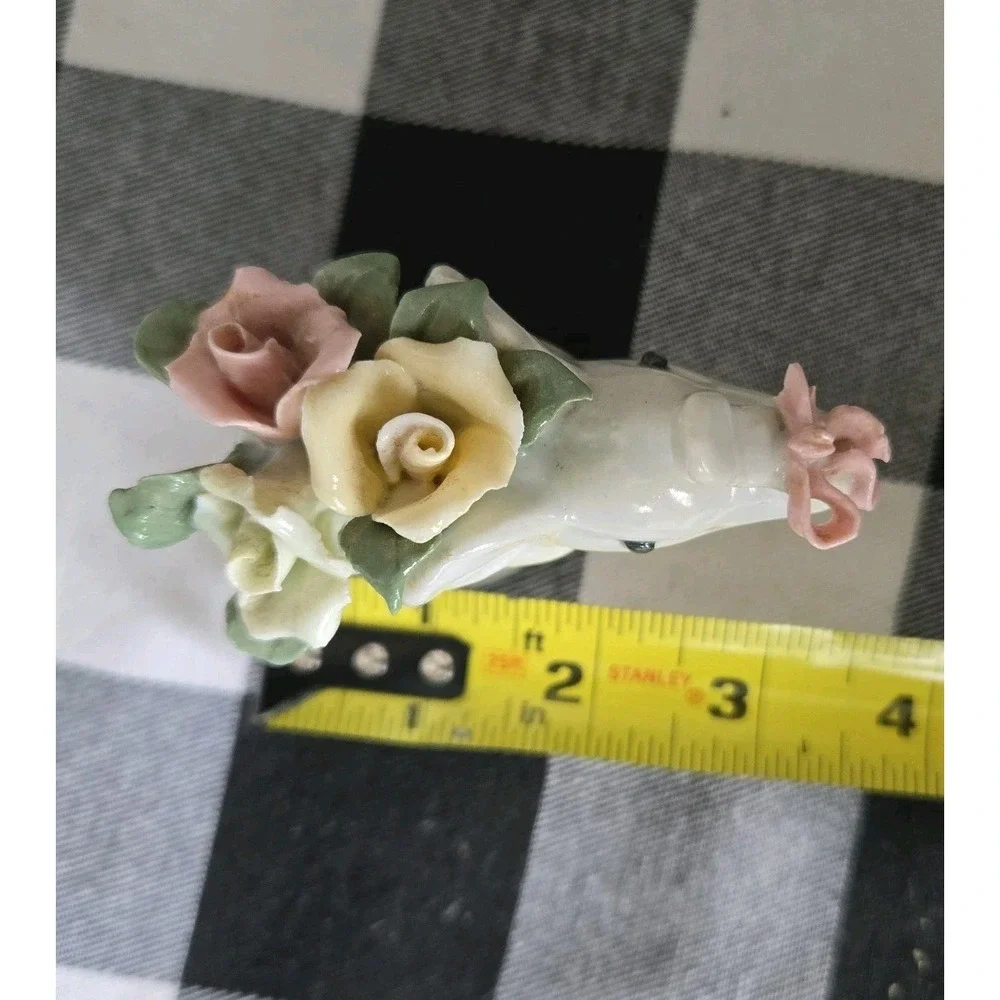 Dainty Miniature‎ White Elephant Carrying Flowers Pink Ribbon Ceramic Figurine